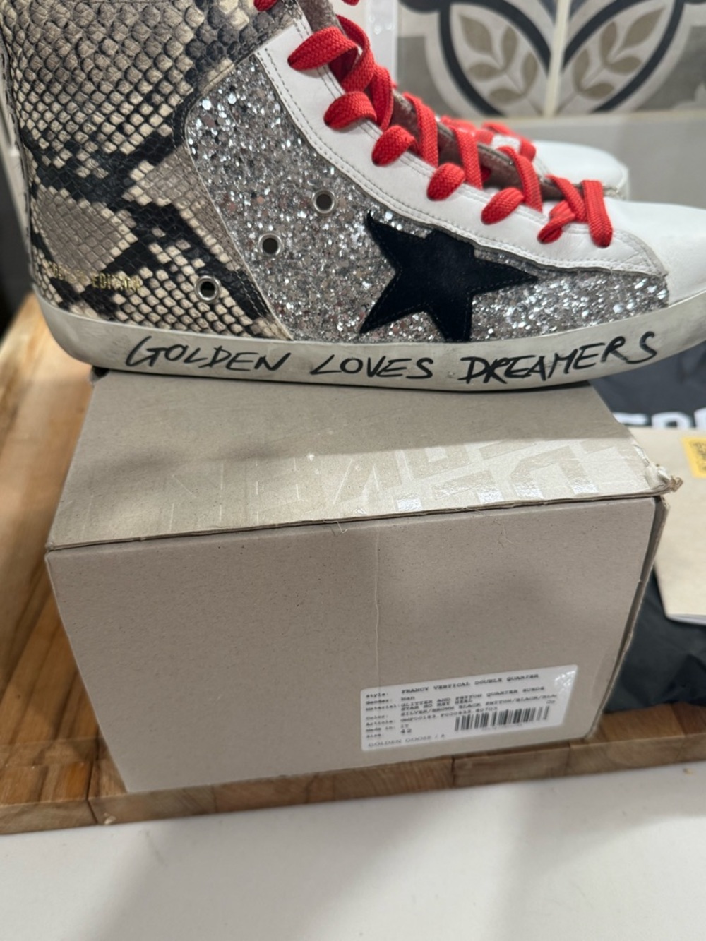 Golden Goose Multi-Texture High-Top Sneakers with Red Laces - Picture 12 of 13